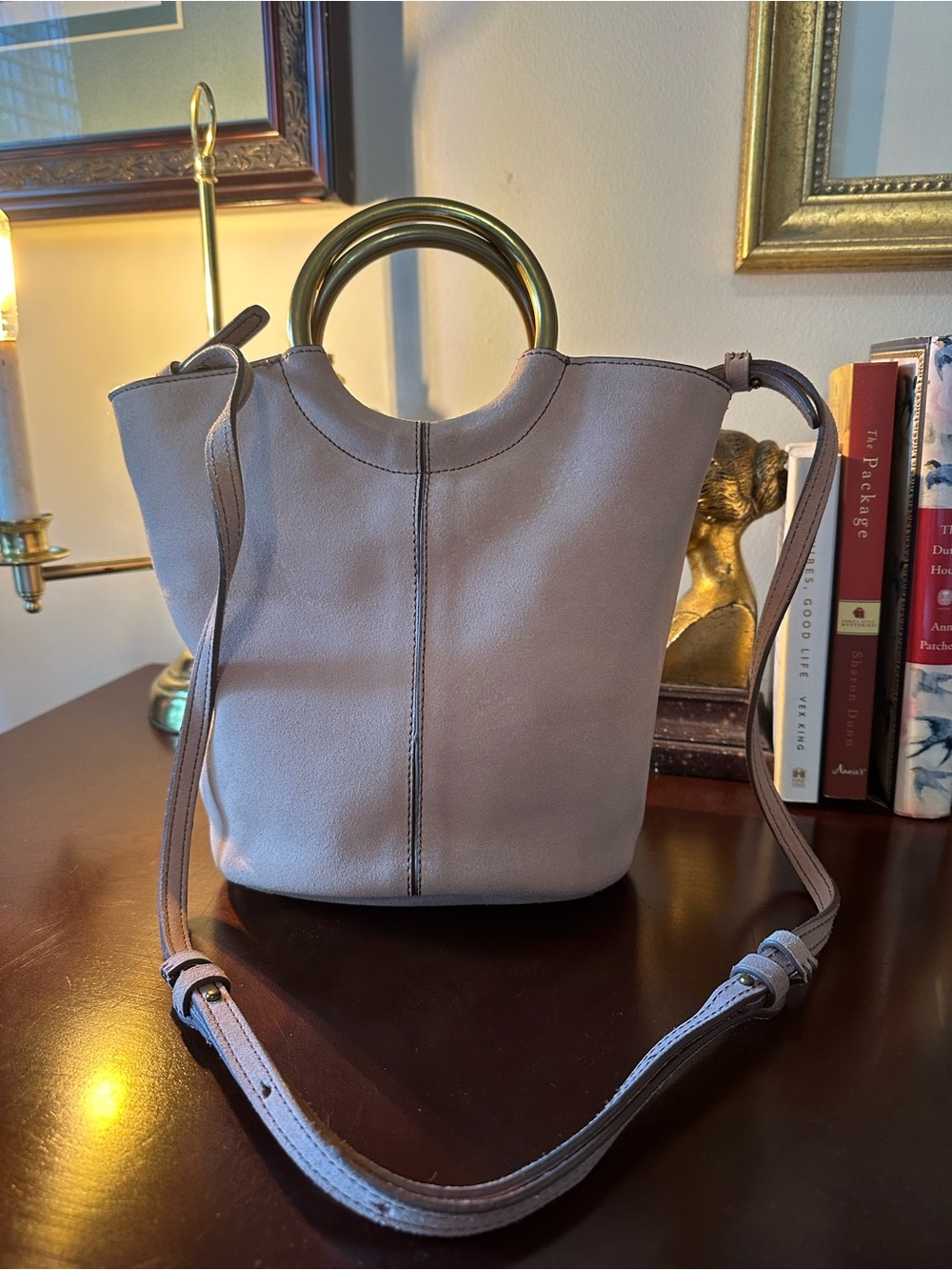 J. Crew Frankie Blush Pink Suede Bucket Bag with Gold Ring Handle